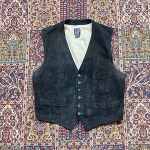 VTG 90s Gap Black Suede Leather Vest Waistcoat Buckle Back Pinstripe Lined‎ XL